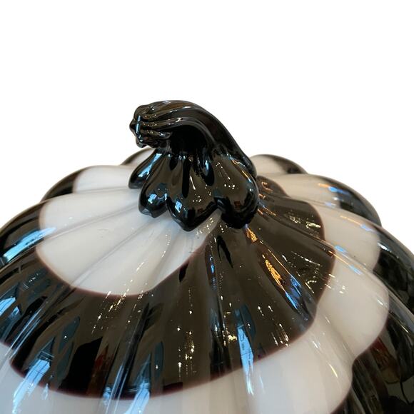 Christian Siriano Hand Blown Art Glass Pumpkin White Black Stripe Swirl 9x8 NEW - Picture 7 of 15
